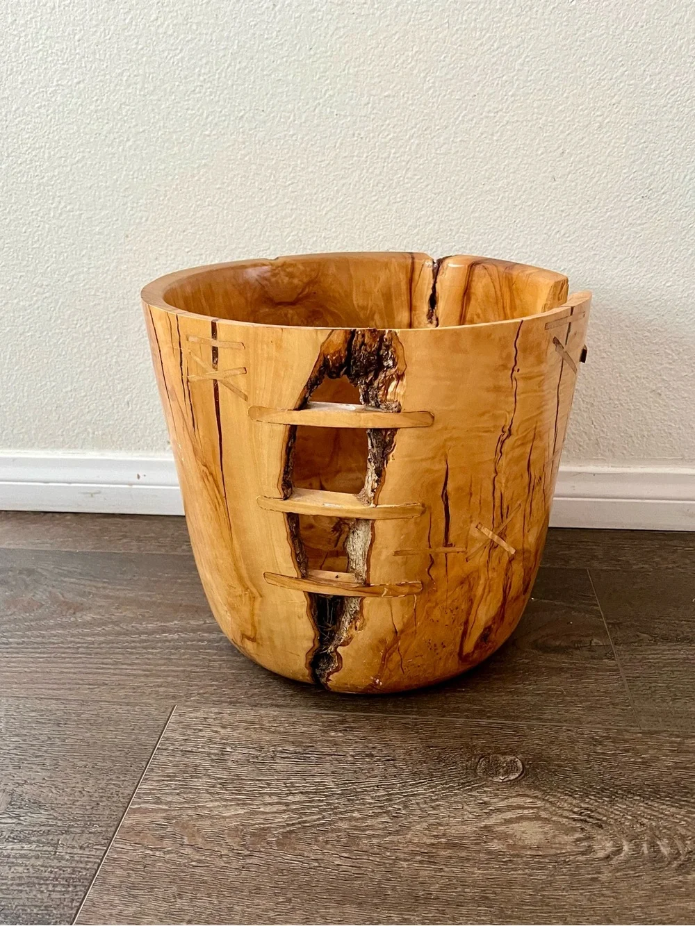 Hand-Carved Natural Wood Accent Planter - Honey Brown